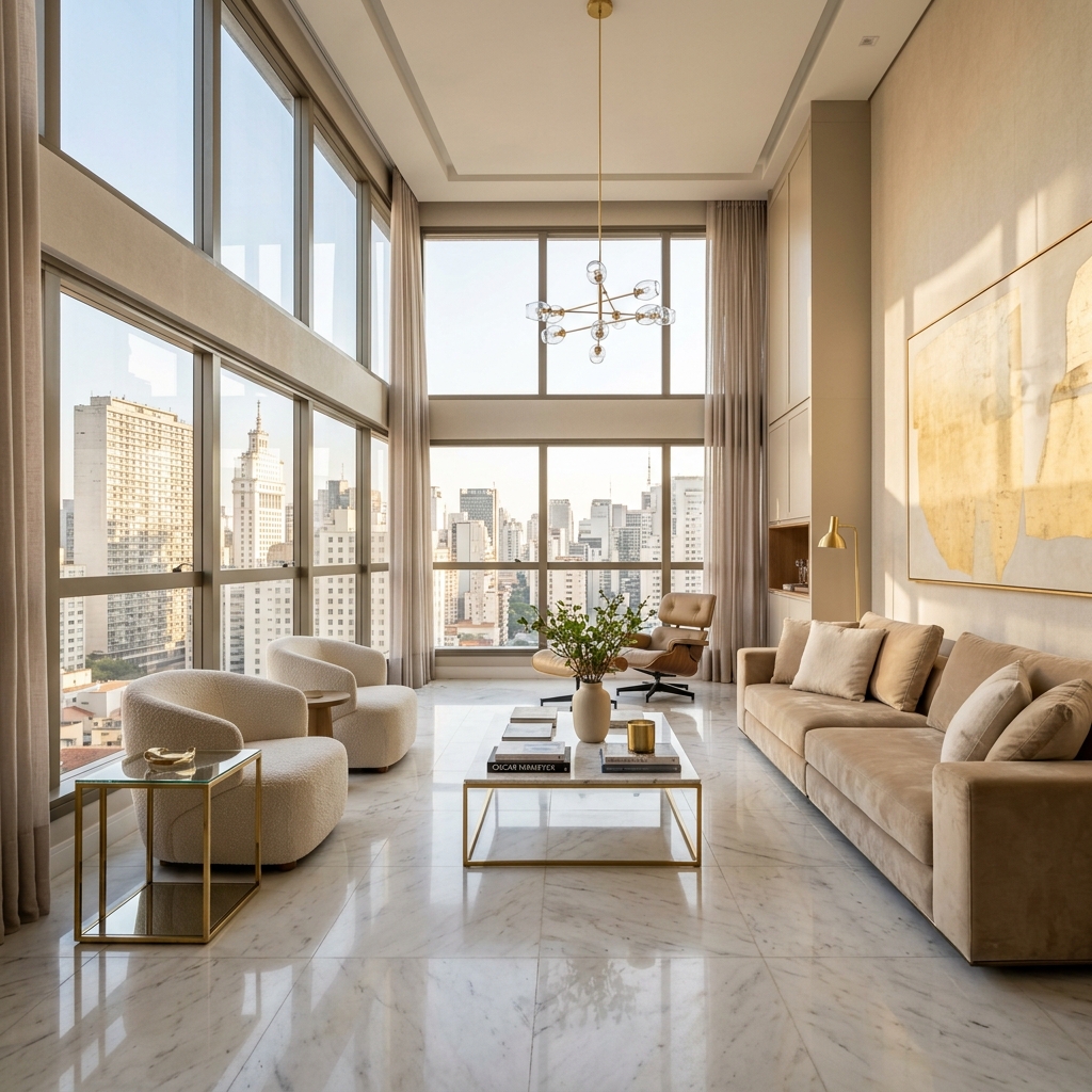 Interior luxuoso do apartamento com sala de estar ampla