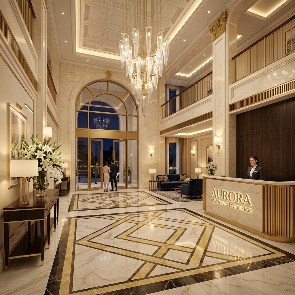 Lobby de entrada luxuoso do Château Jardin com pé-direito duplo